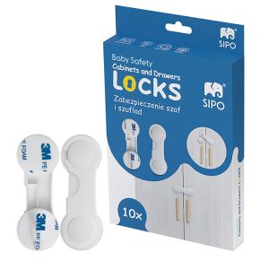 Set 10 Blocatori Siguranta Copii, din plastic, fixare cu adeziv puternic 3M, fara urme, pentru Sertare, Dulap si Comoda, Sipo