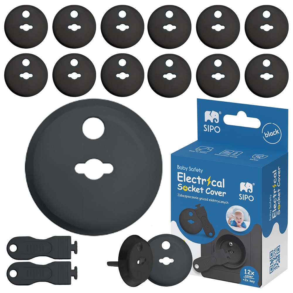 Set 12 capace de protectie pentru prize, cu doua cheite, Negru, Sipo - imagine 2