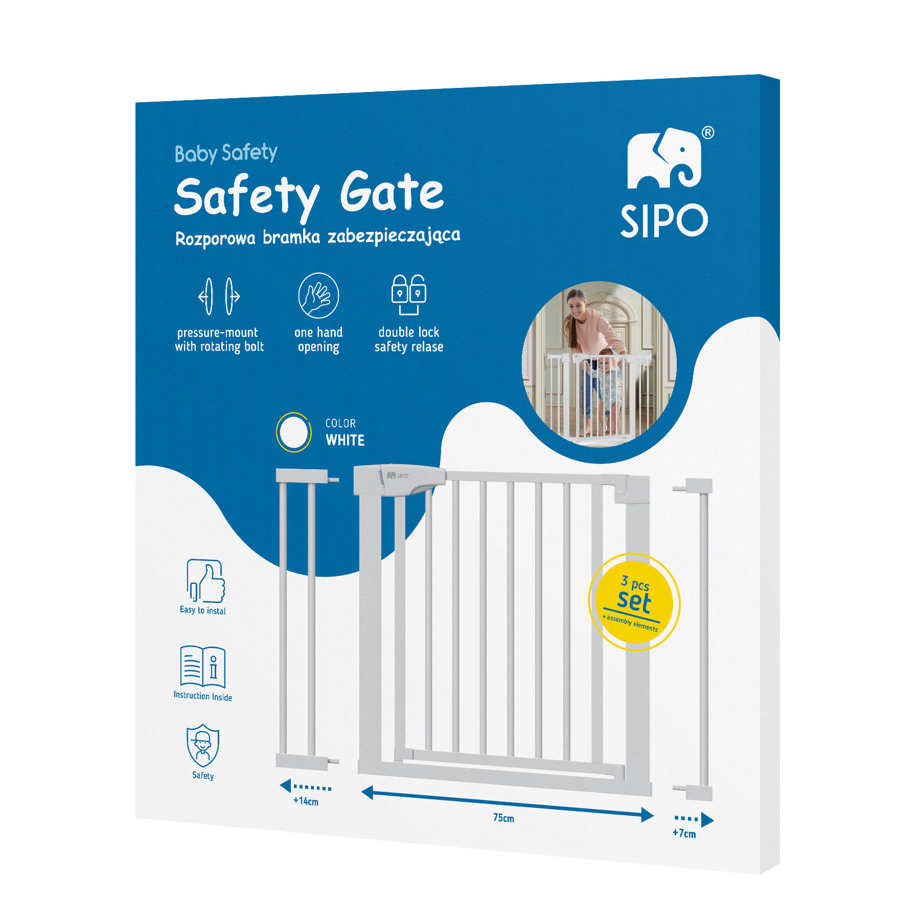 Poarta de siguranta pentru scari SIPO, White, operare cu o mana, 75-103 cm - imagine 7