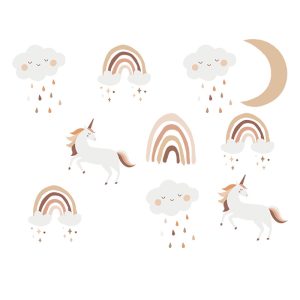 Sticker Decorativ Pentru Copii, Autoadeziv, Unicorni si Curcubeu, 54x86 cm