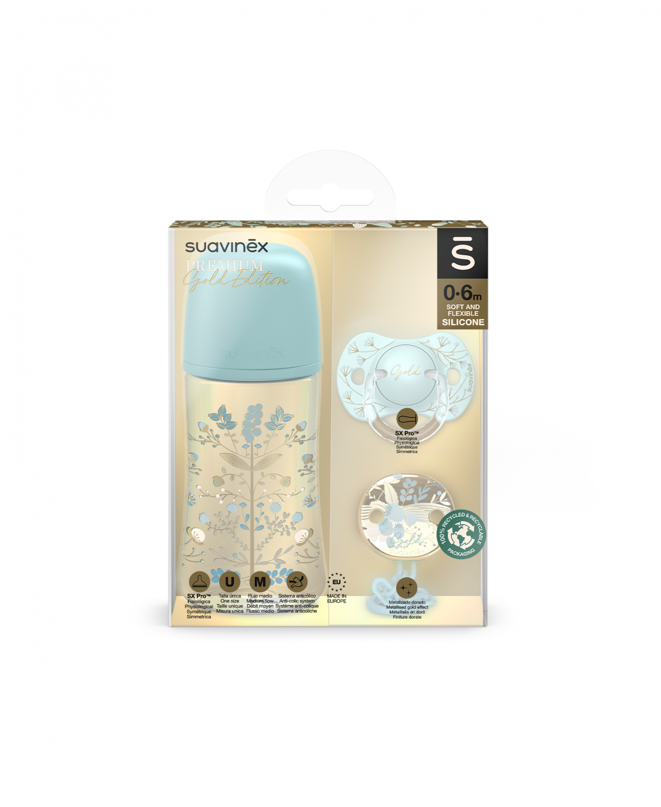Set biberon 270ml + suzeta 0-6M + clema albastru GOLD PREMIUM