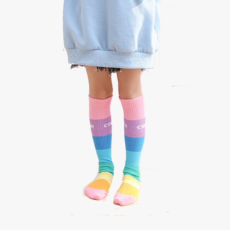 Sosete lungi fara calcai cu dungi orizontale colorate pastel, pentru copii - imagine 4