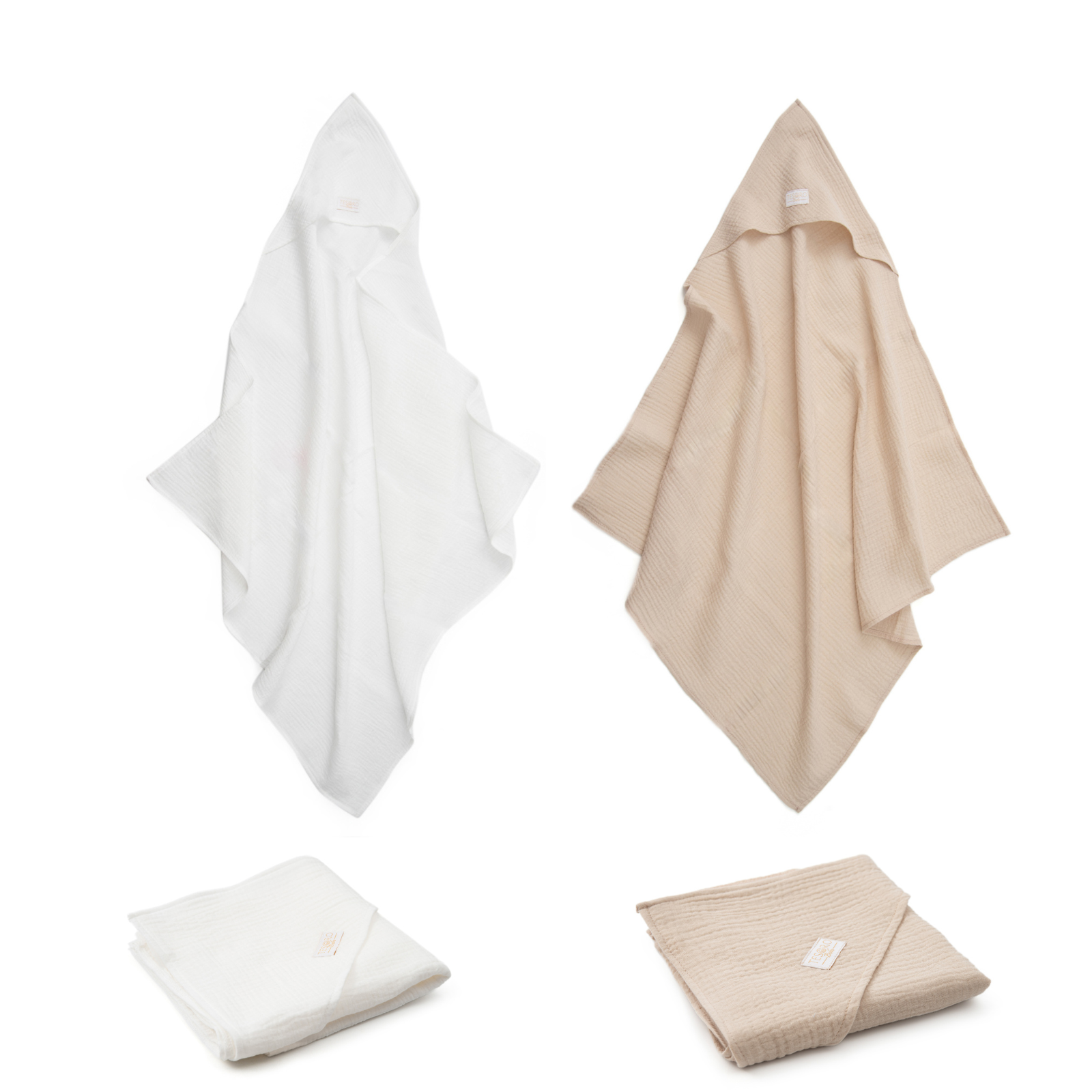 Set 2 x Prosop din muselina cu gluga alb-bej