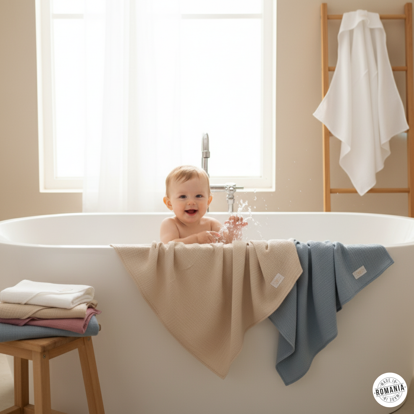 Set 2 x Prosop din muselina cu gluga alb-bej - imagine 2