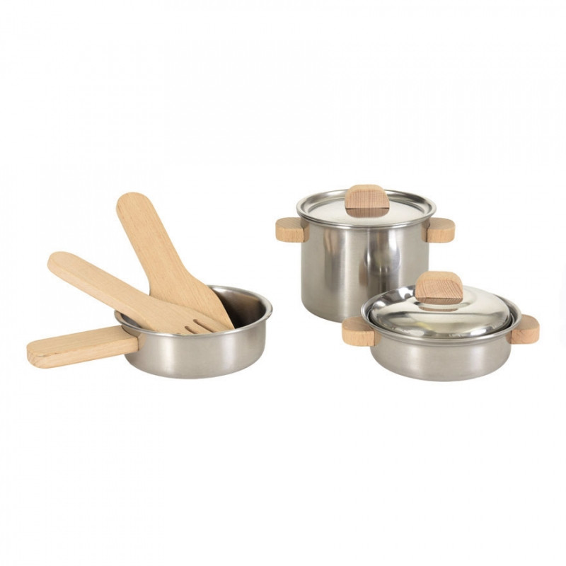 Jucarie Montessori Set de vase de inox cu manere din lemn