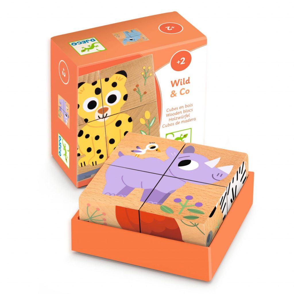 Puzzle din cuburi de lemn Animale salbatice