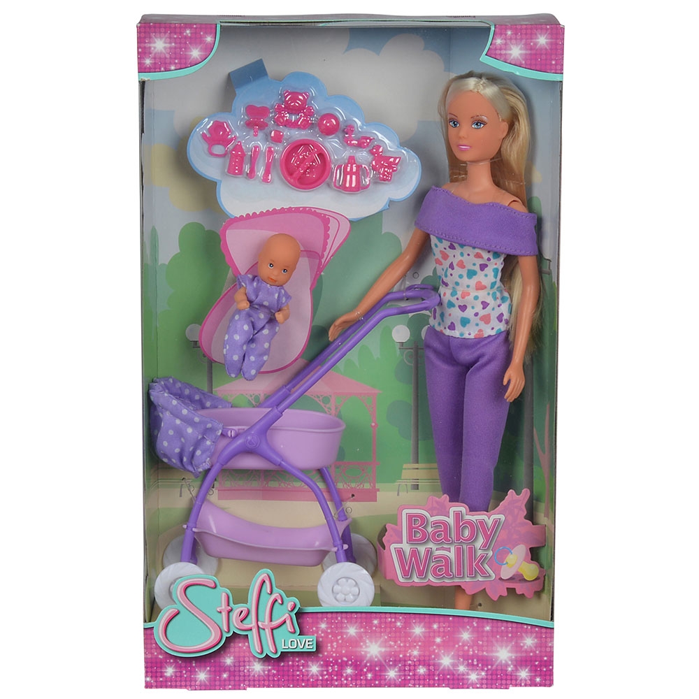 Papusa Simba Steffi Love Baby Walk 29 cm mov cu carucior si accesorii - imagine 3