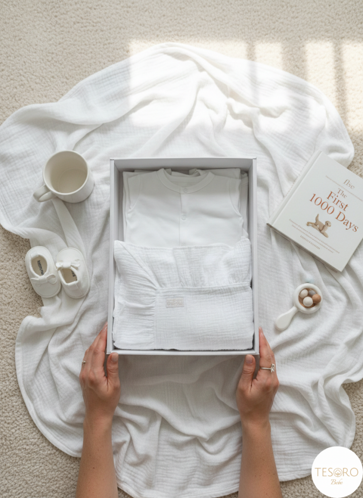 Set complet bebelus: paturica muselina cu volan si 4 articole bumbac 100% hipoalergenic alb