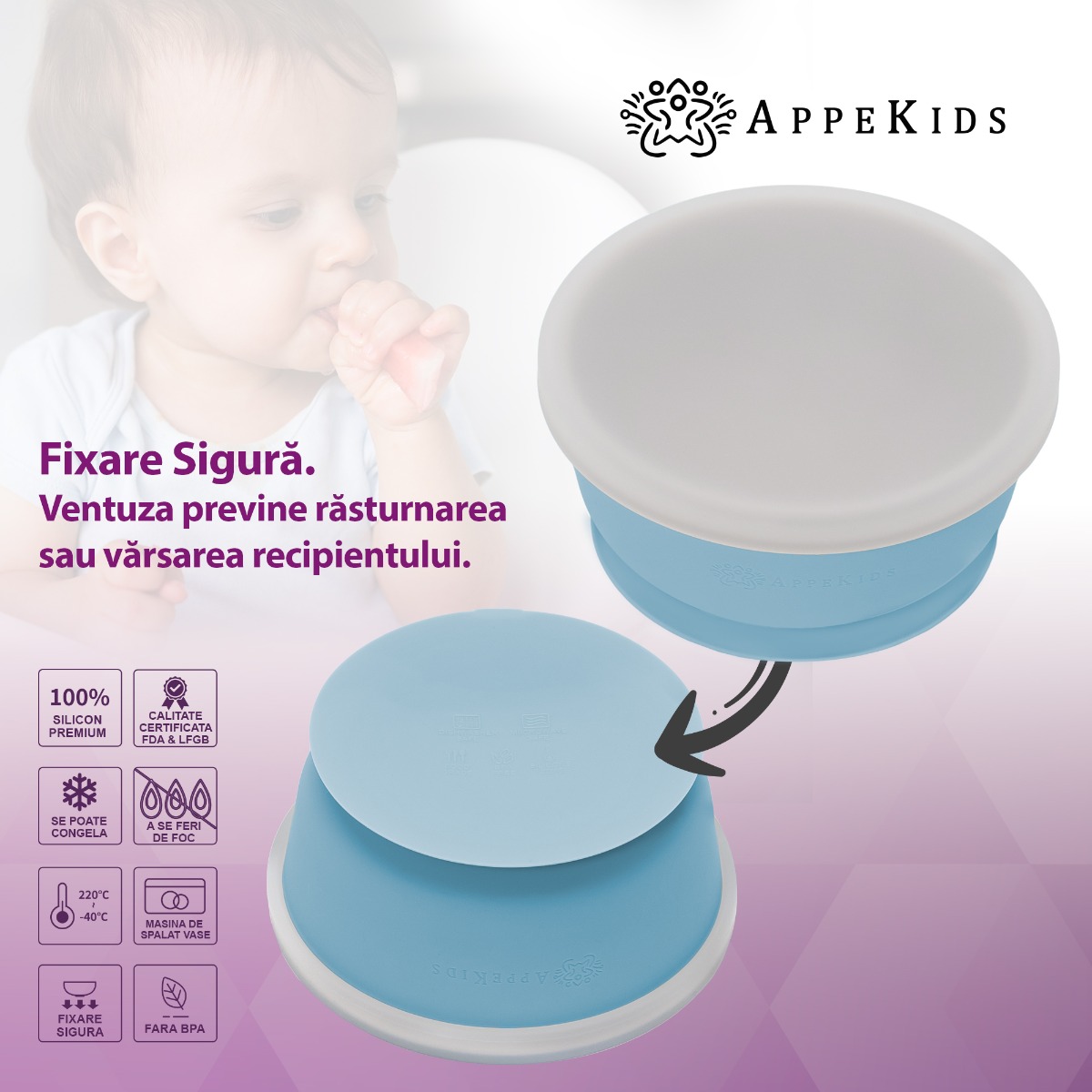 Bol din silicon cu ventuza si capac, AppeKids - Aqua Blue - imagine 3