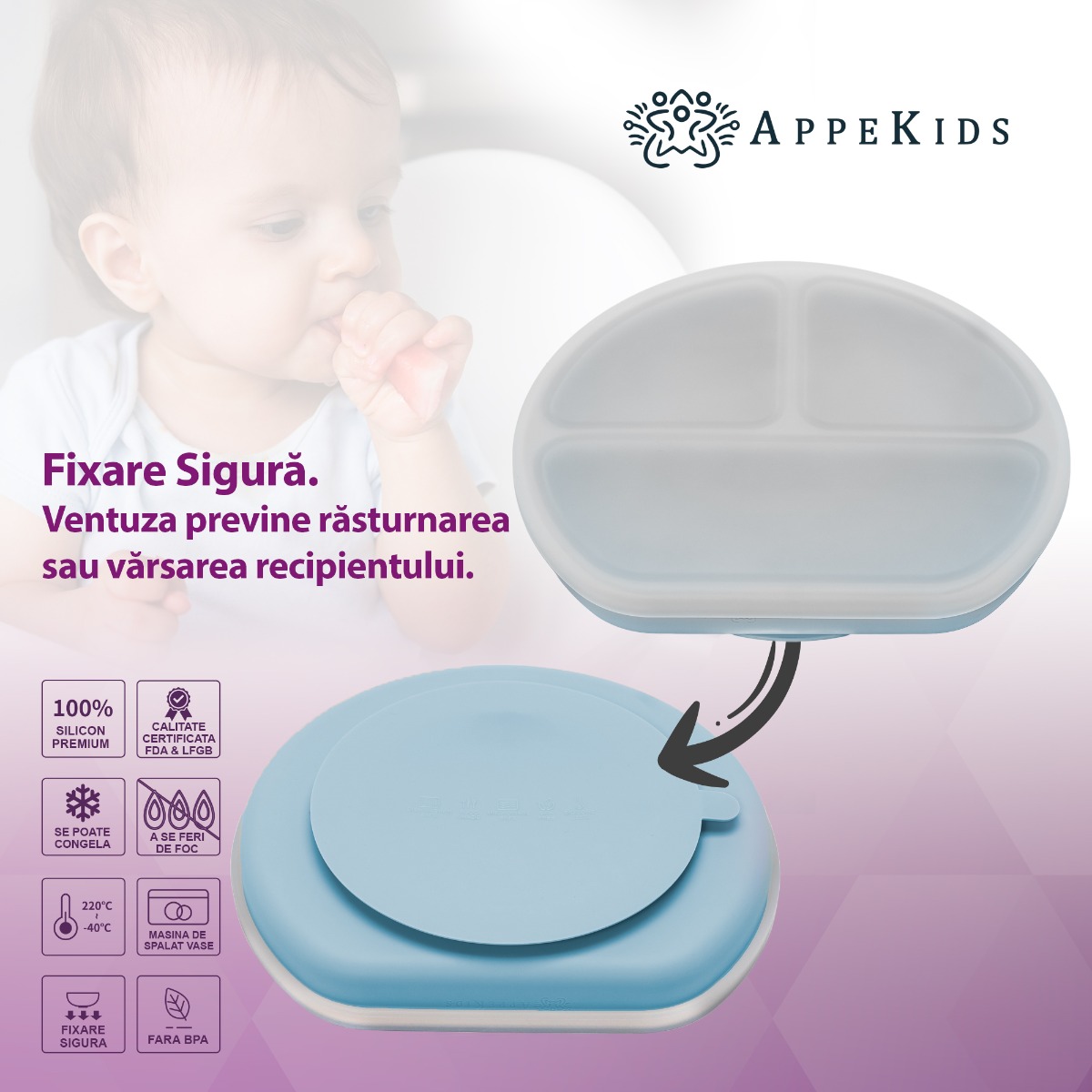 Farfurie compartimentata din silicon cu ventuza si capac, AppeKids - Aqua Blue - imagine 3