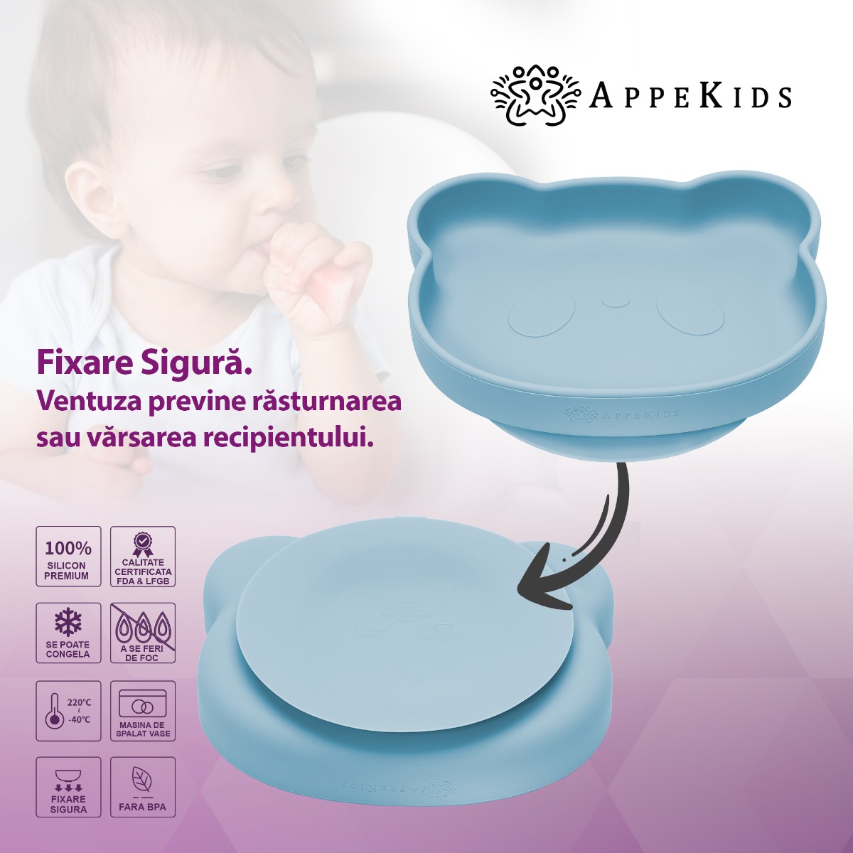 Farfurie din silicon cu ventuza, AppeKids, The Little Bear - Aqua Blue - imagine 4