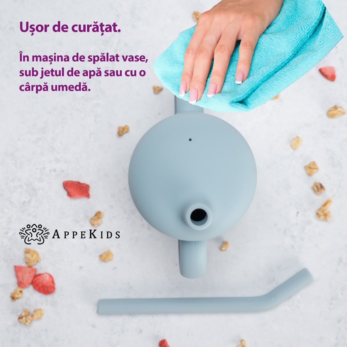 Cana din silicon cu pai, AppeKids - Aqua Blue - imagine 3