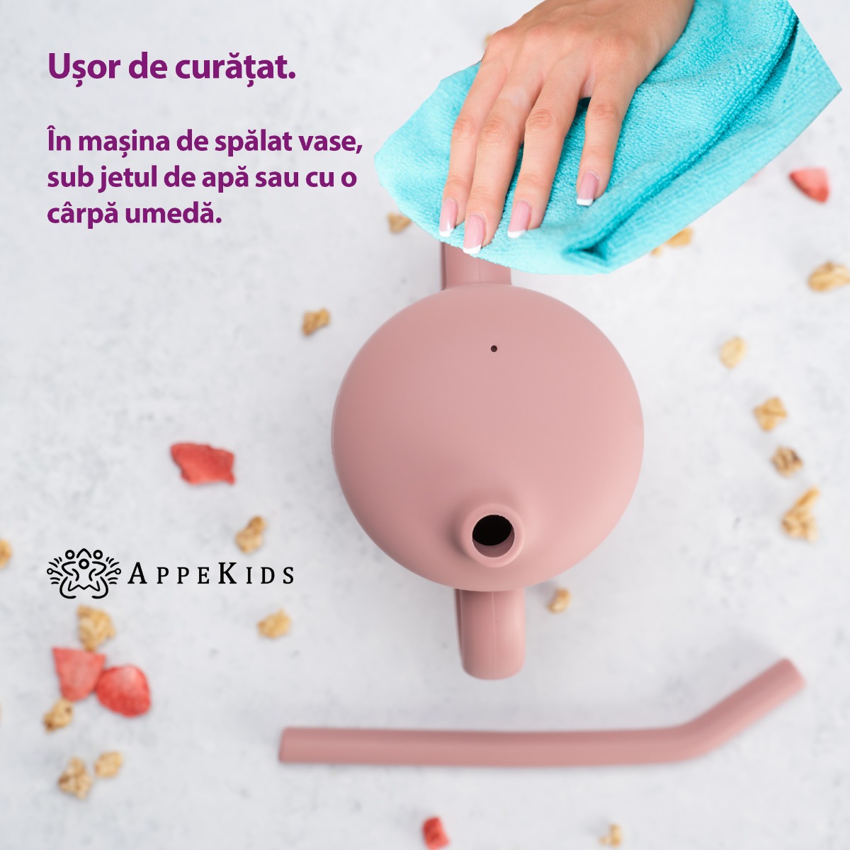 Cana din silicon cu pai, AppeKids - Old Rose - imagine 3
