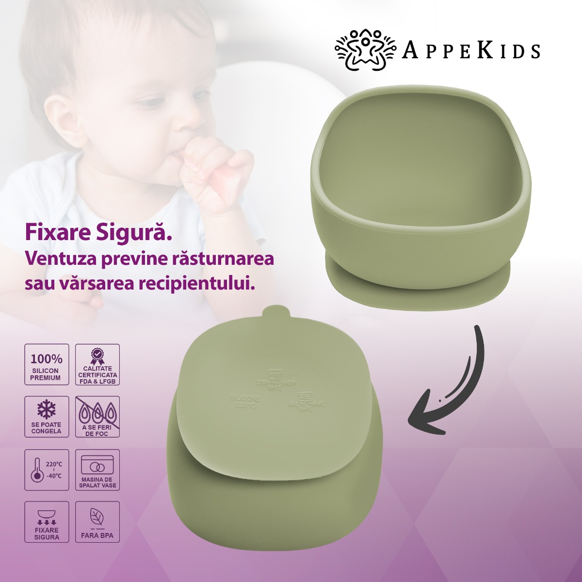 Bol din silicon cu ventuza, AppeKids, Classic - Raw Green - imagine 4