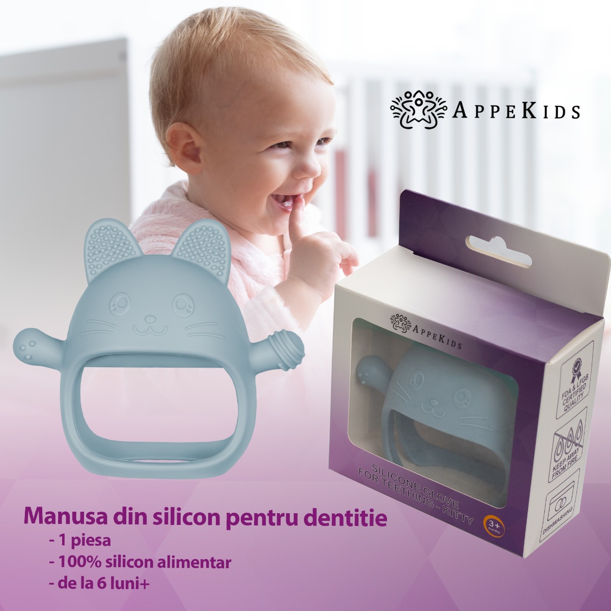 Jucarie pentru dentitie din silicon, Appekids, Manusa Kitty - Aqua Blue - imagine 4