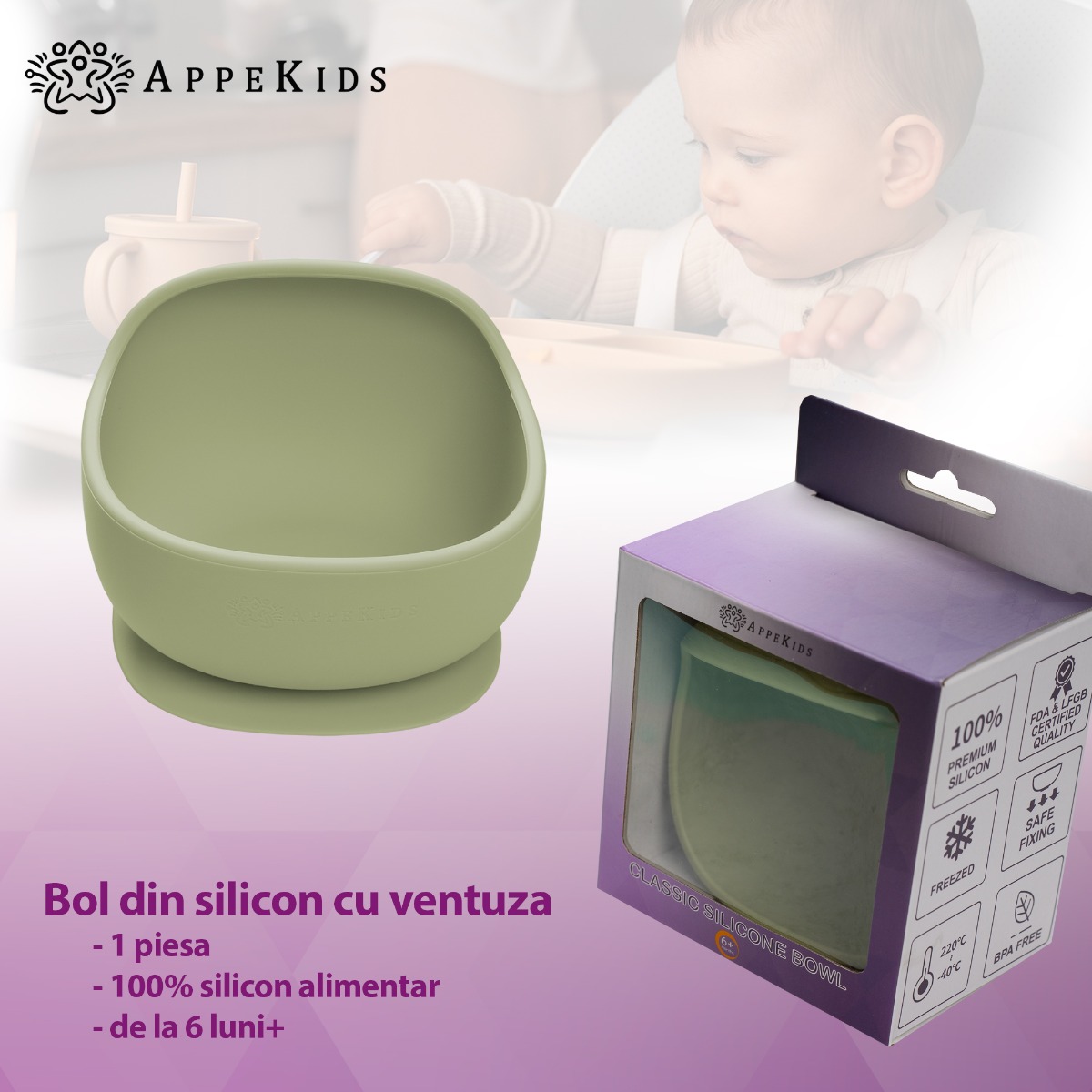 Bol din silicon cu ventuza, AppeKids, Classic - Raw Green - imagine 5